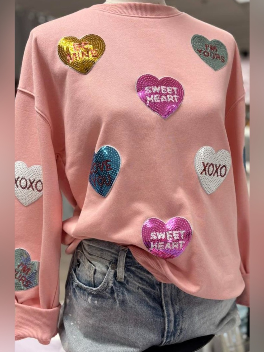Valentine’s Day Sequin Heart Round Neck Long Sleeve Sweatshirt - Picture 4 of 5
